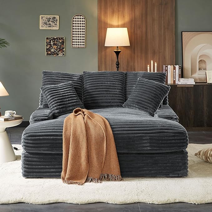 64 INCH Oversized Chaise Lounge Chair Indoor Cozy Cloud Sleeper Sofabed Extra Deep Seat Fluffy Corduroy Upholstered Loveseat Sofa Bed Daybed with 5 Throw Pillows and Solid Wood Frame for Living Room