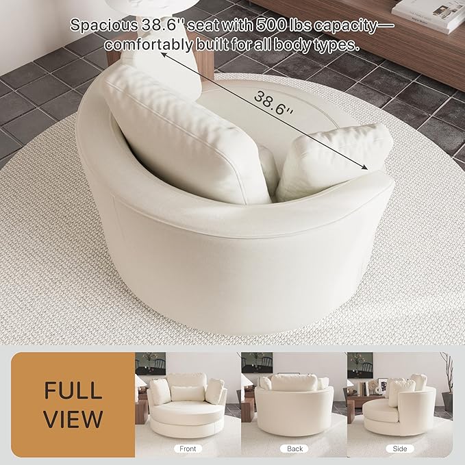 49.6''W Swivel Accent Barrel Chair Oversized Chenille Upholstered Round Single Couch Sofa with 4 Pillows for Living Room Apartment Bedroom (Beige).