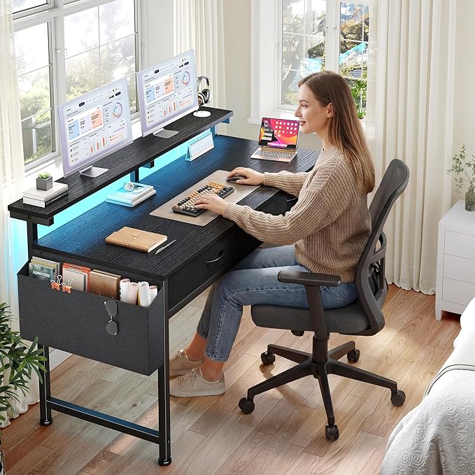 47.3Inch Gaming Desk with LED Lights with 2 Drawers Home Office Desk Computer Desk with Side Pocket &amp Ergonomic Monitor Stand Small Space Study Writing Table with Anti-Tip DesignBlack