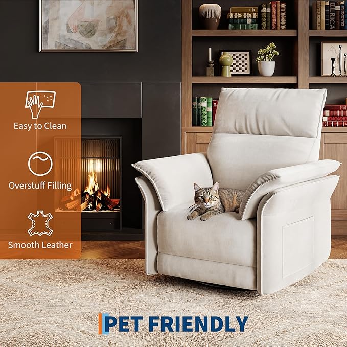 IDEALHOUSE Power Recliner Chair 270 °Swivel Rocking Glider with USB Charging Port Chenille Upholstered Fabric and Double-Layer Armrests Nursery Chair for Living Room Nursery (White)
