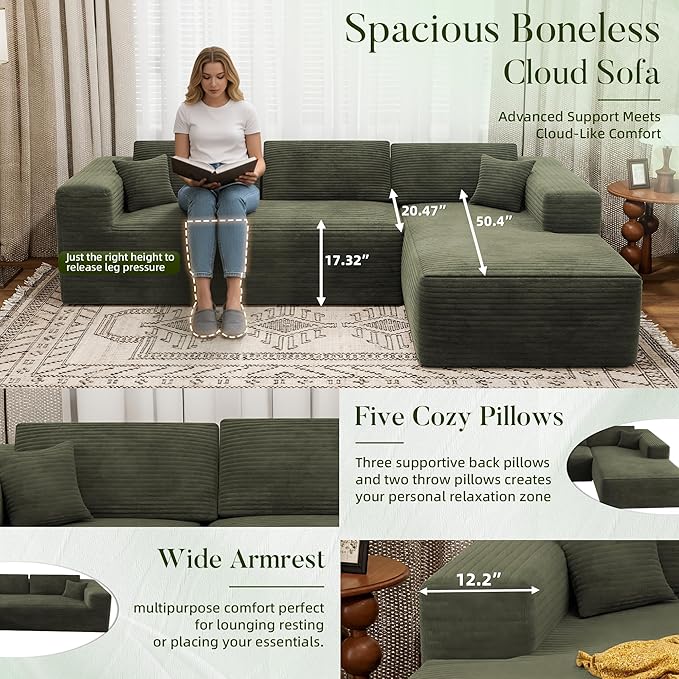 108 Cloud Sectional Couch with L-Shape ChaiseModern Corduroy Boneless Sofa with Deep SeatWide Armrest High Rebound Living Room Sectional CouchNo Assembly Required(Right ChaiseGreen)