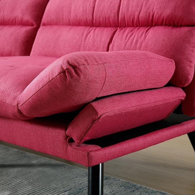 70Modern Linen Convertible Folding Futon Couch Sofa Bed Adjustable Pillow Top Arm Memory Foam Couch Double Loveseat Sofa for Compact Living SpaceDormGame StudioApartmentBedroom (Rose Red)