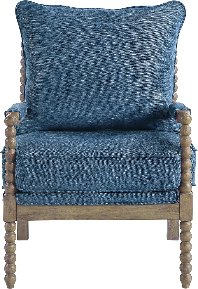 OSP Home Furnishings Fletcher Spindle Accent Chair with Rustic Brown Finish Navy Blue Upholstery