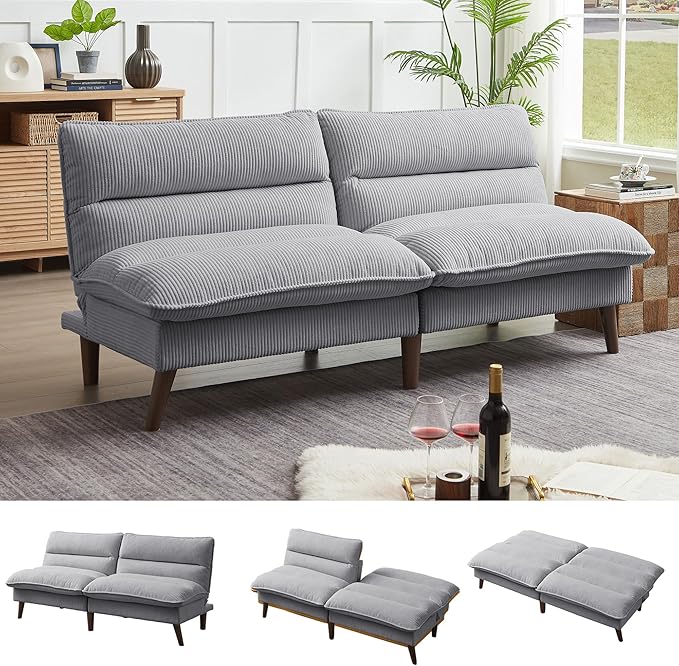 Convertible Futon Sofa Bed Modern Folding Futon Couch with 3-Level Adjustable Backrest Sleeper Loveseat Sofa Recliner Couch for Living Room Apartment Light Grey