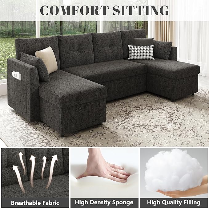 Oversized Sleeper Sofa Couch 110 inch 2 in 1 Pullout Couch Bed with Side Pockets for Living Room Sectional Sleeper Sofa Bed with Double Storage Chaise Black