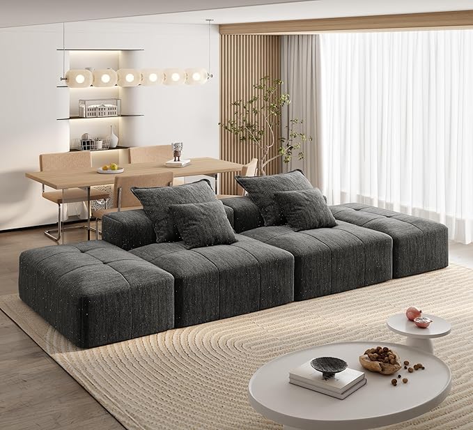 141'' Cloud Couch Modular Sectional Sofa with 2 Ottoman Oversized Loveseat Compression Boneless Sofa with Deep Seat Chenille Chaise Longue Minimalist Couches for Living Room Black