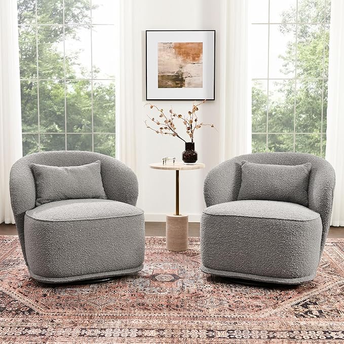 KINWELL 33 W Mid Century Modern Swivel Barrel Chair Set of 2 Upholstered Boucle Swivel Accent Chairs No Assembly Sofa Chair with Toss Pillow for Living Room Bedroom Reading Nursery (Light Gray)