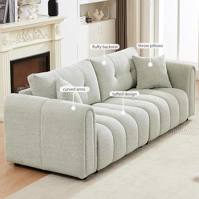 91.5 W Cloud Boucle Sofa for Living Room Modern Comfy Boucle Couch with Rolled Arms and Soft Pillows Cozy Teddy Oversized Loveseat for Apartment Studio Bedroom Sage Green