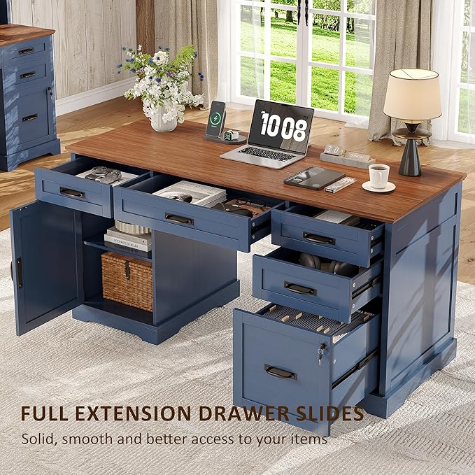 Whalefall 55'' Farmhouse Desk Home Office with Drawers Executive Computer Desk Wooden with File Cabinet and Charging Station Blue
