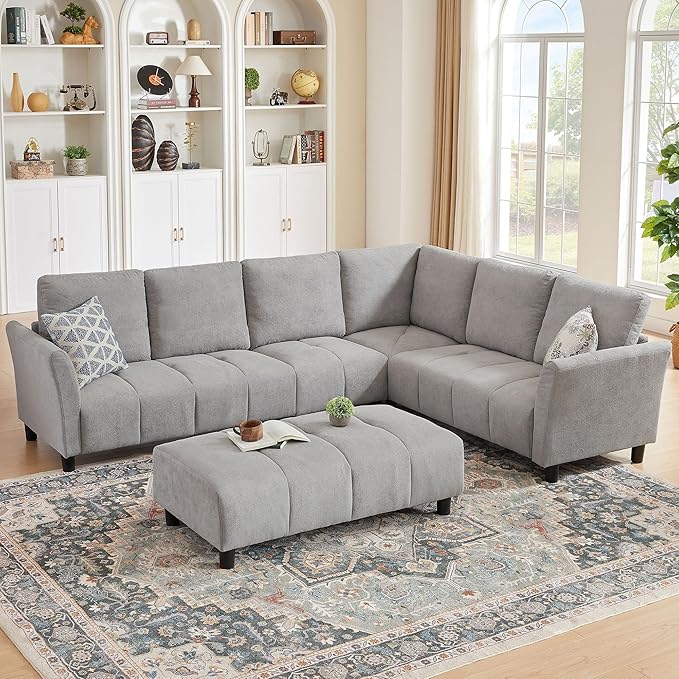 Sectional Sofa with Ottoman 102'' L Shaped Couch Set Modern 6 Seater Sectional Corner Couch with Back CushionsUpholstered Couches for Living Room Apartment Office Light Grey