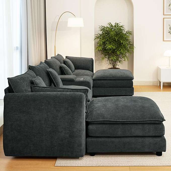 144 U Shaped CouchModular Sectional SofaCloud Couch with Ottoman6 Seater ConvertibleChenille FabricConsole &amp Cup HoldersSofa for Living RoomApartment (Dark Grey)