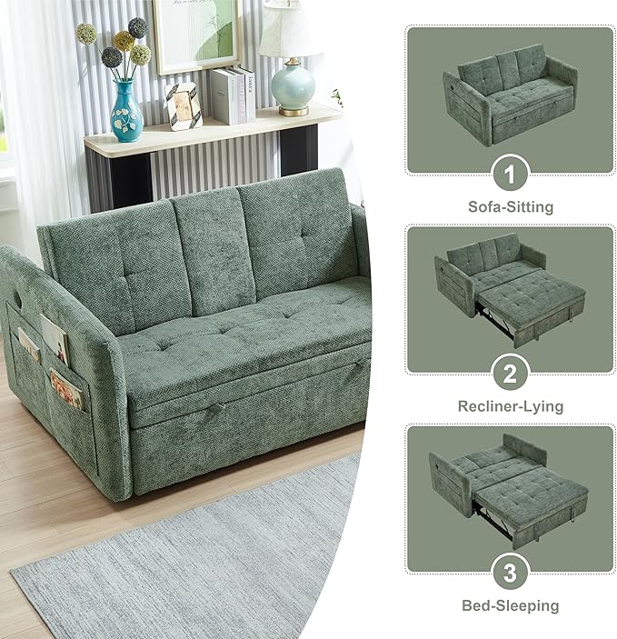 57.48 Convertible Sofa Bed with Cup Holder Pull Out Sleeper Sofa Bed with USB Charging Ports 3 in 1 Convertible Sleeper Sofa Bed for Living Room Apartment Bedroom RV Green