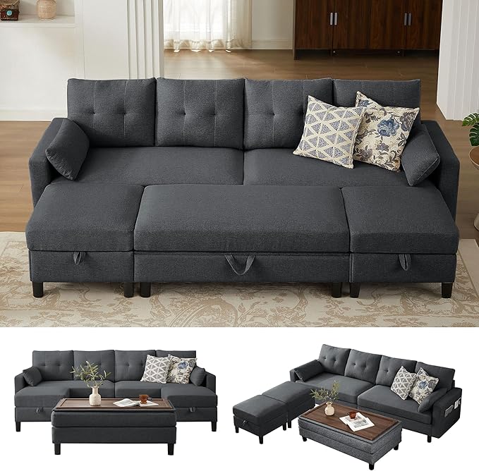 101 Convertible Sectional Sofa with Ottoman Coffee Table Modern Linen Fabric U-Shaped Couch with Storage Pocket 4 Seat Sofa Couches for Living Room Apartment Office Darkgrey