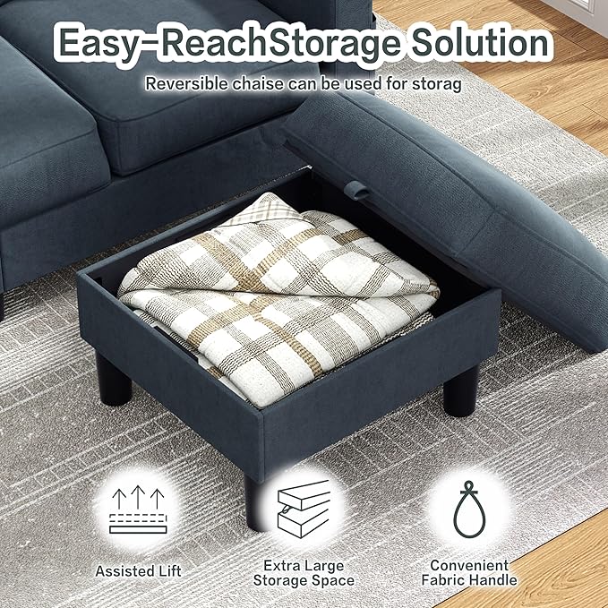 JY QAQA Convertible Sectional Sofa Couch with 3-Seat Sofa L-Shaped Ottoman Couch with Modern Linen Fabric for Small Living Room Apartment and Small Space (Dark Gray)
