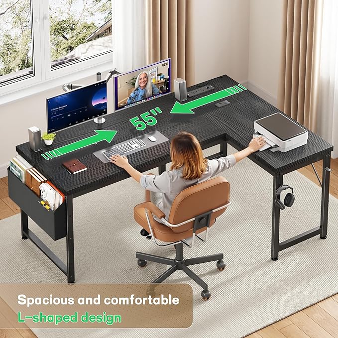 L Shaped Desk Gaming Desk with Power Outlets &amp 0.95 Inch Thicker Desktop Computer Desk with Storage Bag Corner Desk with LED Lights Reversible Office Desk for Home LivingBedroom Black