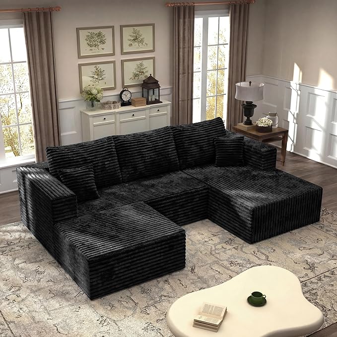 92.5'' U-Shaped Cloud Modular Sectional Sofa Modern High Back Corduroy Couch with Right Facing Chaise Lounge &amp Ottoman Upholstered Boneless Deep Seat Plush Sofa No Assembly Needed for Home Bl