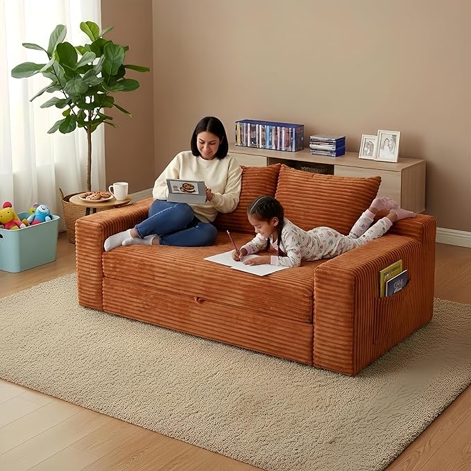 73 Convertible Sleeper Sofa Comfy Corduroy Foldable Sofa Bed with 2 Pillows Floor Sofa Lounge Couch in Box for Living Room Bedroom Lounge Studio No AssemblyOrange