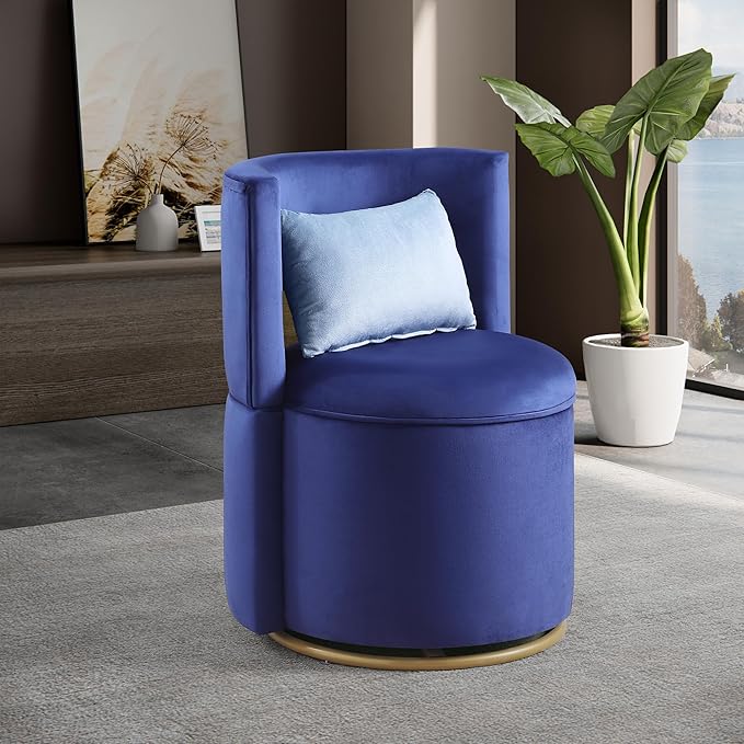 Generic 360° Swivel Accent Chair with Storage Function Velvet Curved Chair with Gold Metal Base for Living Room Nursery Bedroom Blue