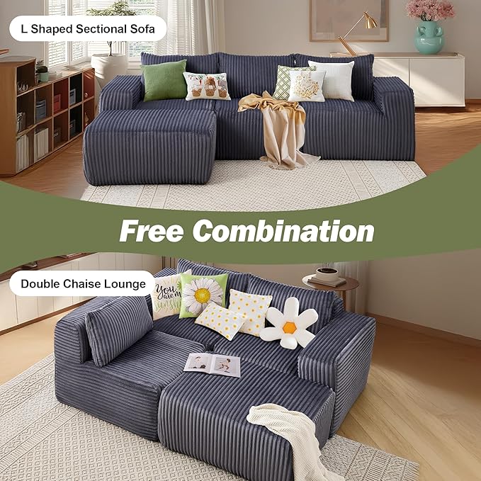 101 Boneless Cloud Modular Sectional Sofa L-Shaped Memory Foam Couch with Reversible Chaise Corduroy Upholstered Sofa in a Box No Assembly Required for Living Room &amp Apartment (Dark Gray 101i