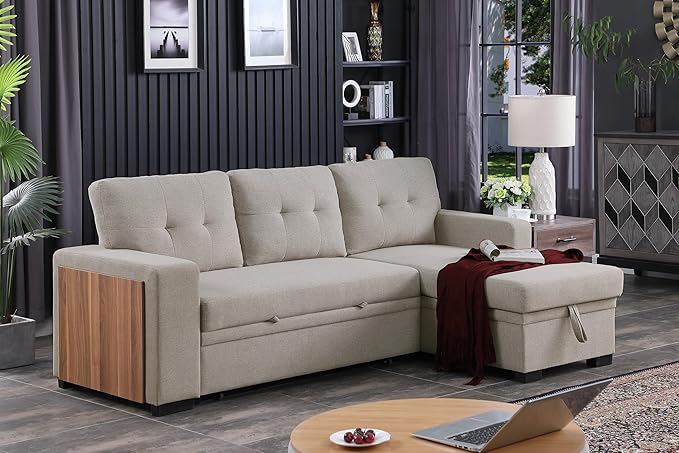 Ball &amp Cast Sectional Sleeper Sofa BedL-Shape Pull Out Couch4 in 1 Pull-Out Sofabed W/Reversible Storage ChaiseUSB Ports &amp Cup HolderConvertible Sleeper Corner Couch W/Pull Out Bedfor Liv