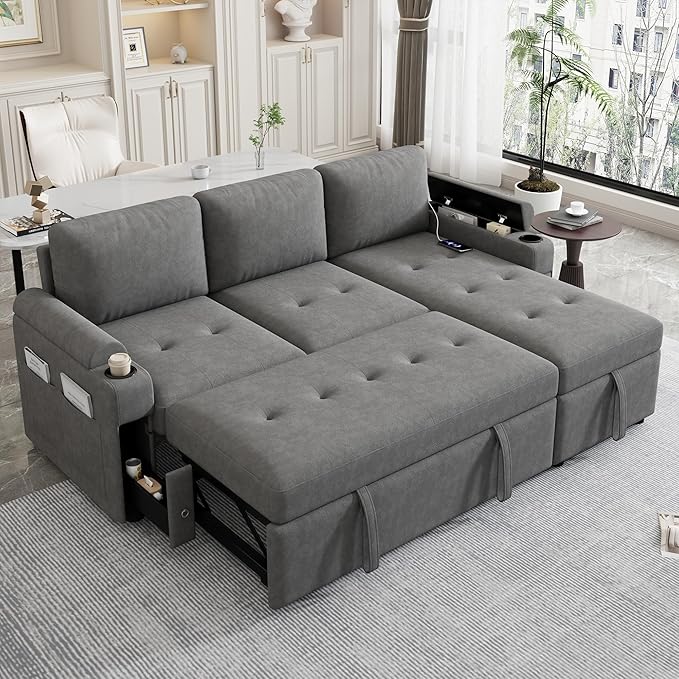 Harper &amp Bright Designs 83.5 L-Shaped Sofa Couch Convertible Sofa Bed Sectional Sofa with Ample Storage Space Two Cup Holders and Two USB Ports for Living Room Gray