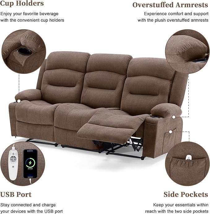 Oversized Recliner Sofa with Heat and Massage Wall-Hugger Reclining Sofa with Cup Holders and USB Port Big Large 3-Seater RV Recliner Couch Sofa for Living Room (Fabric Brown)