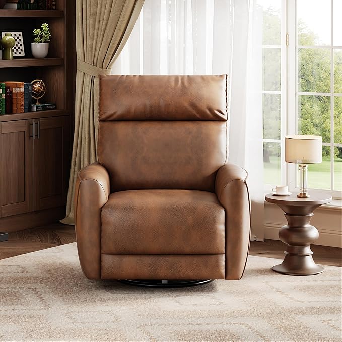 Power Recliner Chair 270° Swivel Glider with USB Charging Port Large PU Leather Seat Wide 22.4 Ergonomic High Back for Living Room Nursery (Power Walnut)