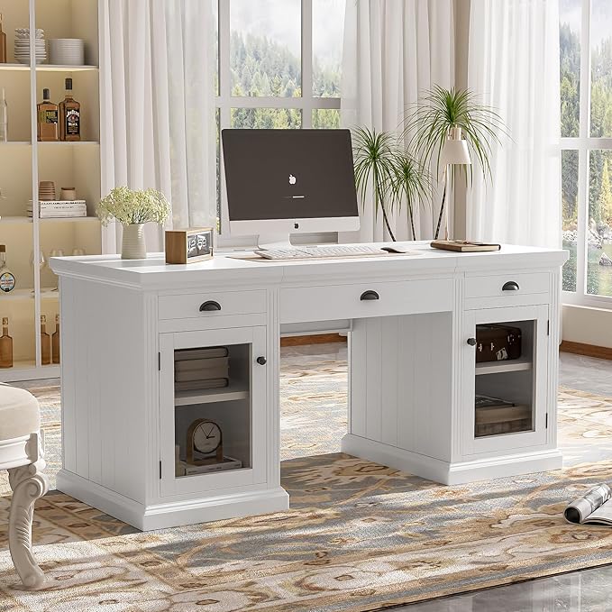 67 Modern White Executive Desk Computer Desk with 2 Glass-Door Cabinets &amp 3 Drawers White Home Office Desk Writing Table with USB Ports Study Workstation for Living Room (White+Glasses)