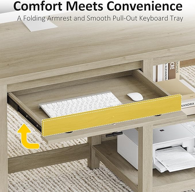 58 Office Desk with Drawers Charge Station and Foldable Keyboard Tray Farmhouse Wooden Home Computer Desk with Storage Cabinet and 3 Magazine Rack for Home Office and Study Natural Birch