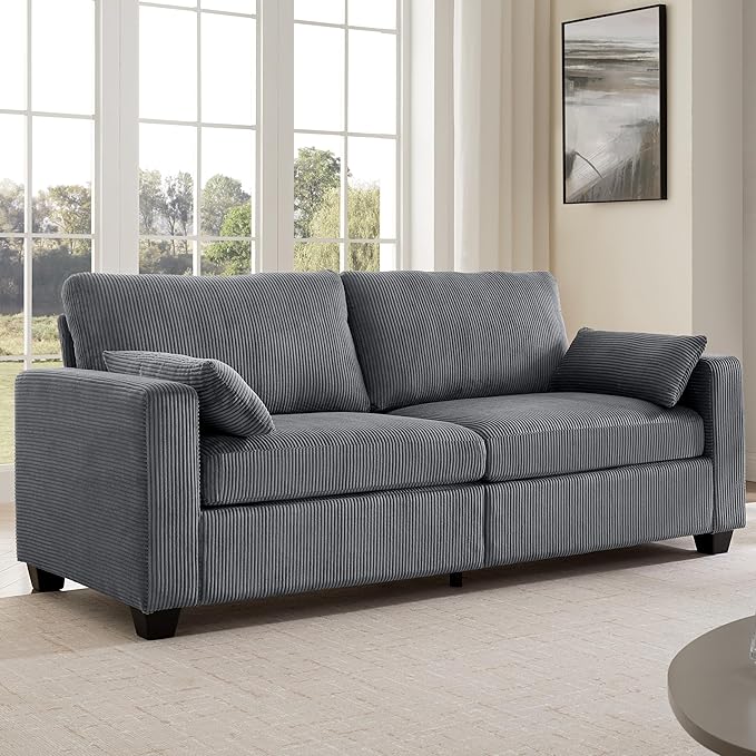 Modern Loveseat Sofa for Living Room Removable Cover Spring Cushions Solid Wood Frame Wide Armrest Corduroy Fabric Recliner Couches for Small Space (Gray Corduroy 81 inch)