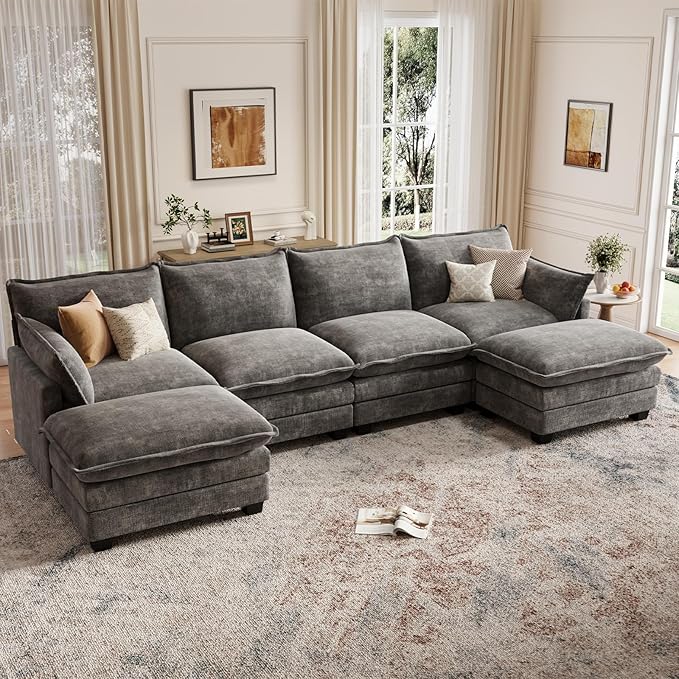 Modular Sectional U Shaped Sofa Couches for Living Room Cloud Couch with Movable Ottoman Comfy Chenille Sofa with Pillow for Bedroom and ApartmentDark Gray