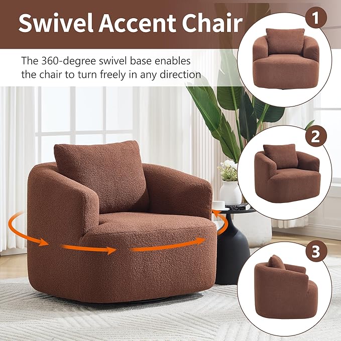 PELUMY Swivel Accent Chair Modern Round Barrel Chair Soft Teddy Fleece Fabric Swivel Chair for Living Room 360 Rotating Small Space Comfort Reading Chair No Tools Assembly (Brown)