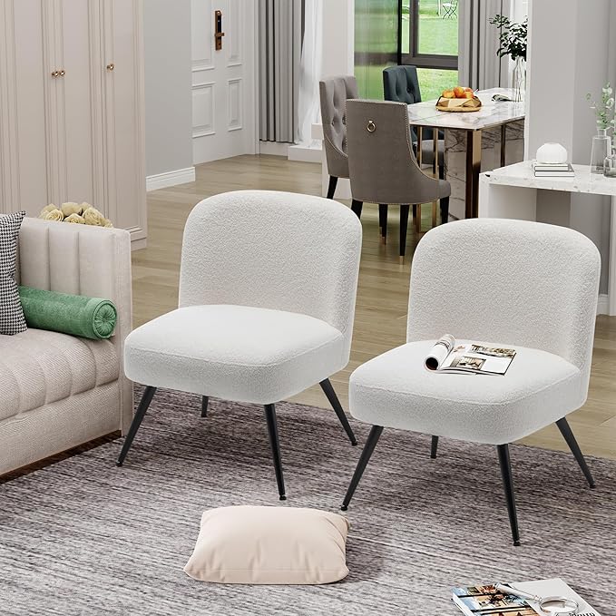 Andeworld Modern Accent Chair Set of 2 Upholstered Sherpa Velvet Living Room Chairs Elegant Armless Cute Small Side Club Chair with Golden Legs for Bedroom-White