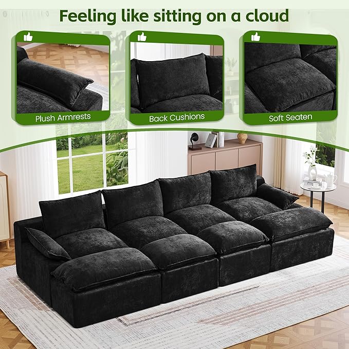 138 4 Seat Boneless Couch with Movable Ottoman Boneless Modular Sectional Sofa Deep Seat Modern Sleeper Sofa Bed for Living Room Cloud Modular Sectional Couch 4 Seat Chenille Chaise Lounge Black