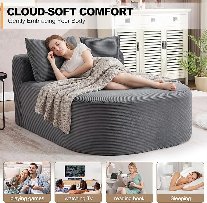 Boneless CouchComfy Fluffy Sofa BedUpholstered Sleeper Sofa with Throw Pillows and ArmrestsCorduroy Plush Cloud Lounge Chair (Grey 67 Boneless Couch)