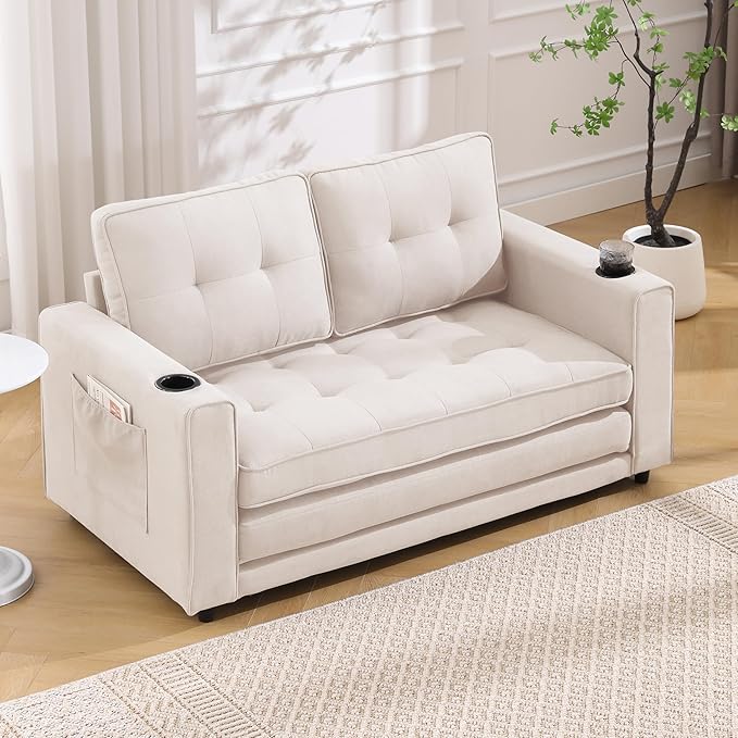 Futon Sofa Bed Convertible Folding Futon Couch Breathable Small CouchAdjustable Pull Out Chaise Lounge for Compact Living Studio in Living Room and Bedroom Offices Loveseat (Beige+Holder)