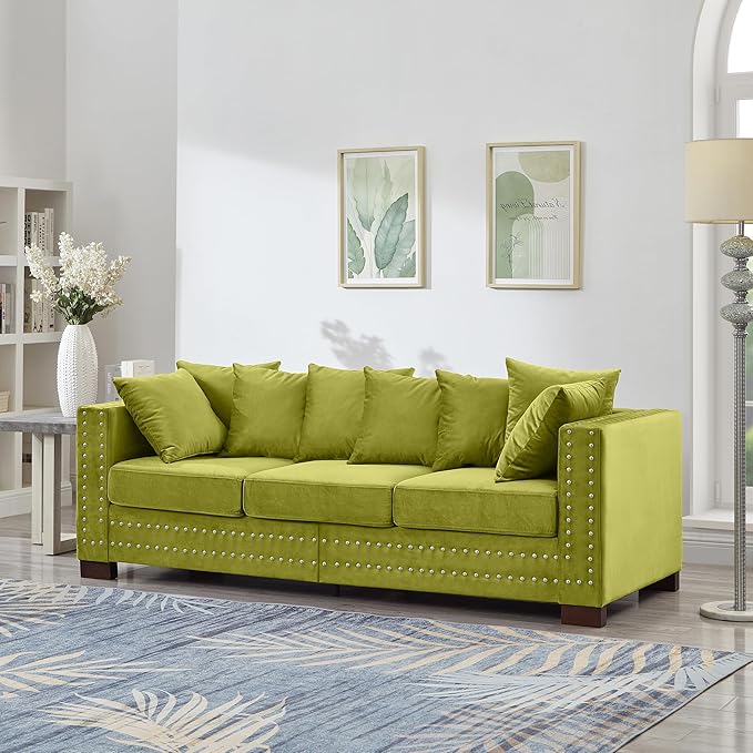 84.5 Wide 3-Seater Velvet Sofa with Storage Mid Century Modern Chesterfield Couch Upholstered Love Seat with Deep Seat &amp Retro Trim Green Velvet Couch for Living Room Office Apartment (Green)