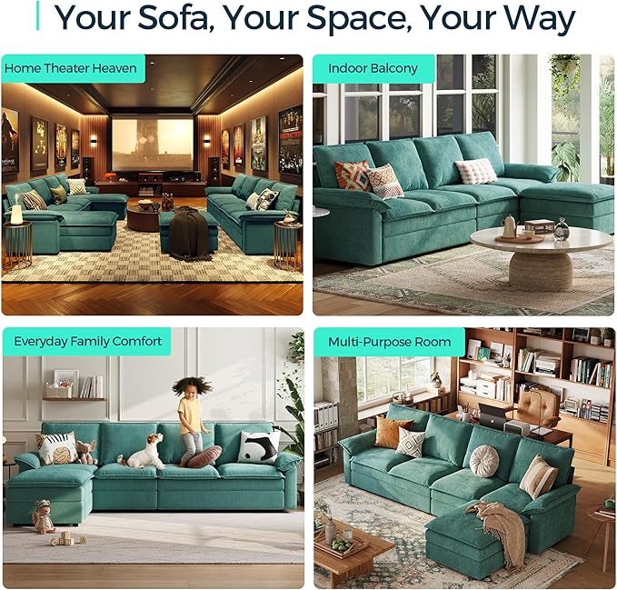 LINSY HOME 115 L Shaped Cloud Couch Modular Sectional Sofa with Double Layer Cushions and Ottoman Comfy Chenille 4 Seater Sofa Set for Living Room Apartment Office Green