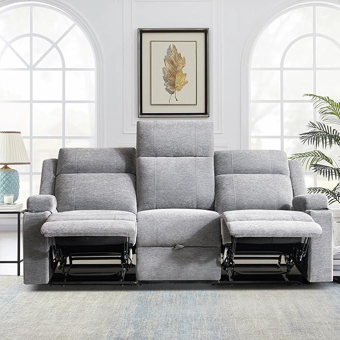 Large Manual Reclining Sofa – 3-Seater Chenille Reclining Couch with Cup Holders Wide Seat Easy Assembly &amp Spill-Resistant Fabric – Cozy Reclining Sofa for Living Room Apartment RV