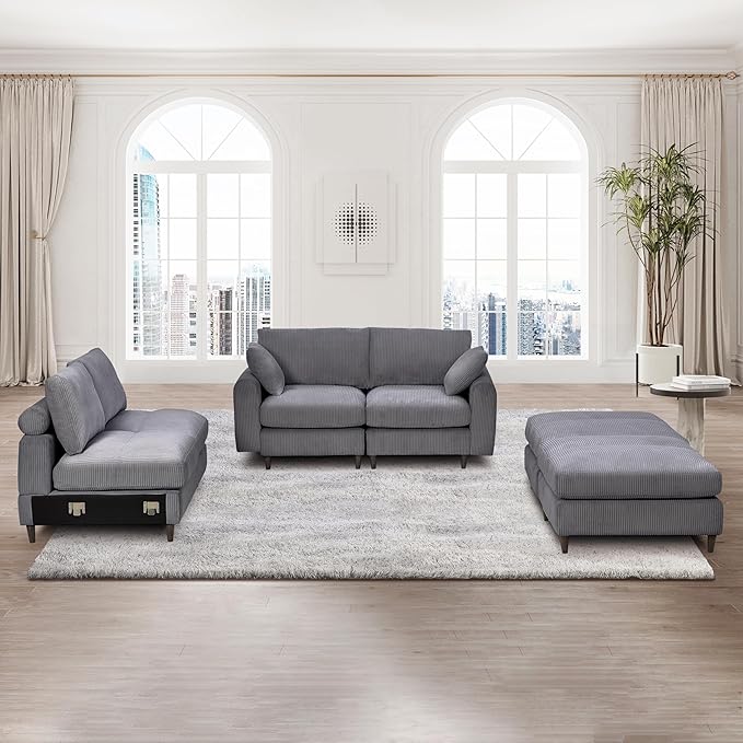 Yoglad 121.65'' U Shaped Modular Sectional Sofa Cozy Oversized Corduroy Couch with Dual-Sided Storage 6-Seater Sofa with Ottomans for Living Room Bedroom Apartment Office (Grey)