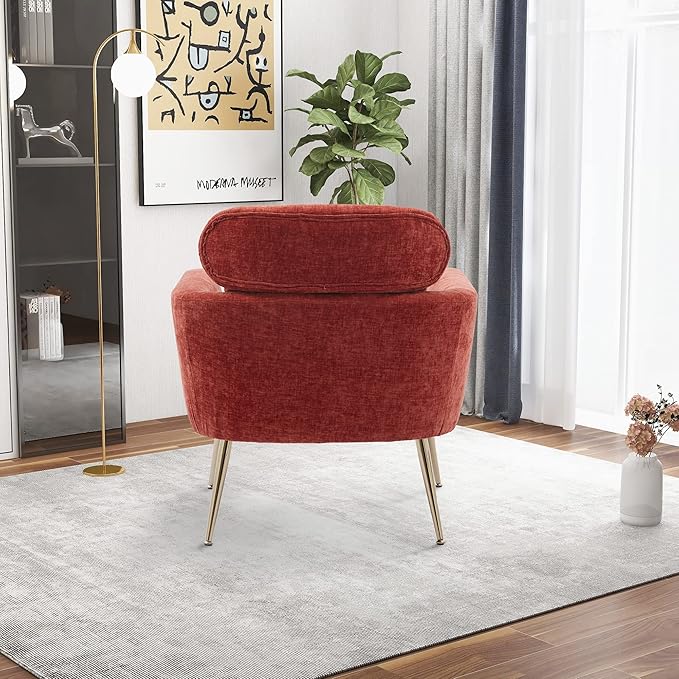 29.5W Modern Chenille Accent Chair Armchair Upholstered Reading Chair Single Sofa Leisure Club Chair with Gold Metal Leg and Throw Pillow for Living Room Bedroom Dorm Room Office Terracotta Chenille