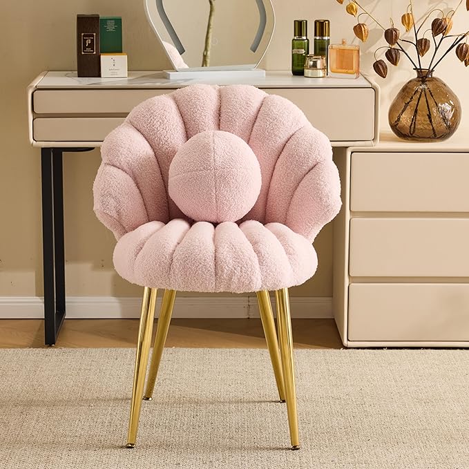 VINGLI Shell-Shaped Teddy Fleece Accent Vanity Chair with BackComfy Pink and Gold Desk Chair No WheelsCute Small Pearl Deco PillowGift for Girls/Womenfor MakeupOfficeDiningNailSewingBedroom