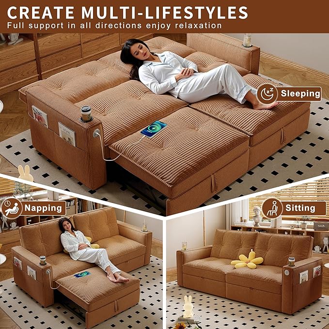73 Queen Size Sofa Bed Loveseat Sleeper Sofa with Pull Out Bed Pockets and USB Corduroy Fabric 2 Seater Convertible Small Couch for Living Room Bedroom Apartment Orange