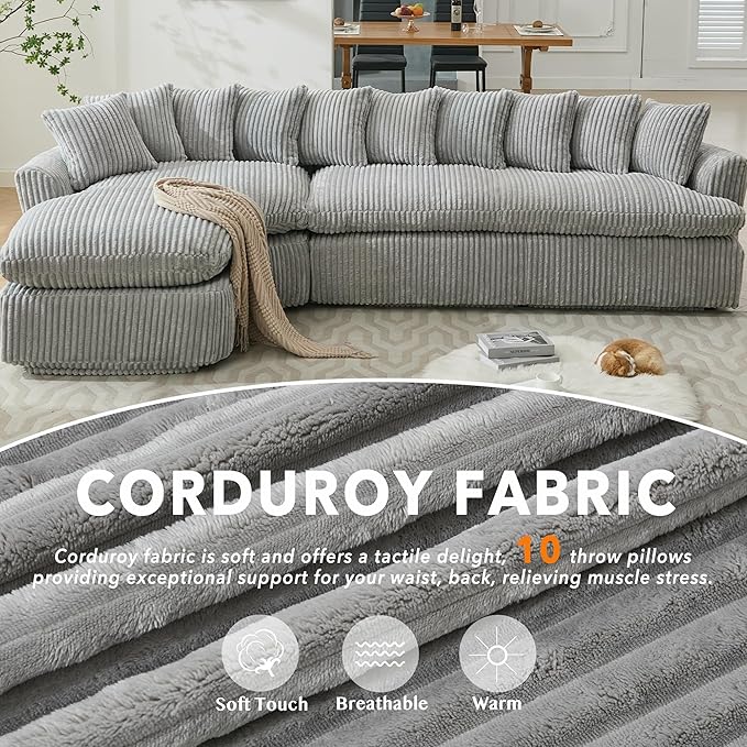 127 Modular Sectional Corduroy Sofa L Shaped Cloud Couch with 10 Pillows Comfy Curved Sofa with 7 Iron Frames Modern Left Chaise Lounge Couches for Living Room Bedroom Apatment Gray