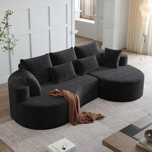 KEIKI 105 L Shaped Corner Couch Upholstered Curved Cloud with 7 Pillows Chenille Sectional Couch for Living Room Bedroom Black