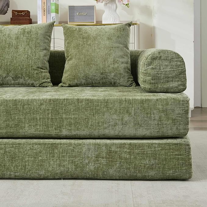3 in 1 Convertible Futon Sofa Bed Modern King Size Chenille Loveseat Sleeper Sofa Folding 3-Seater Foldable Lounger Couch Bed for Living Room Bedroom Guest Room (Green 3 Throw Pillows)
