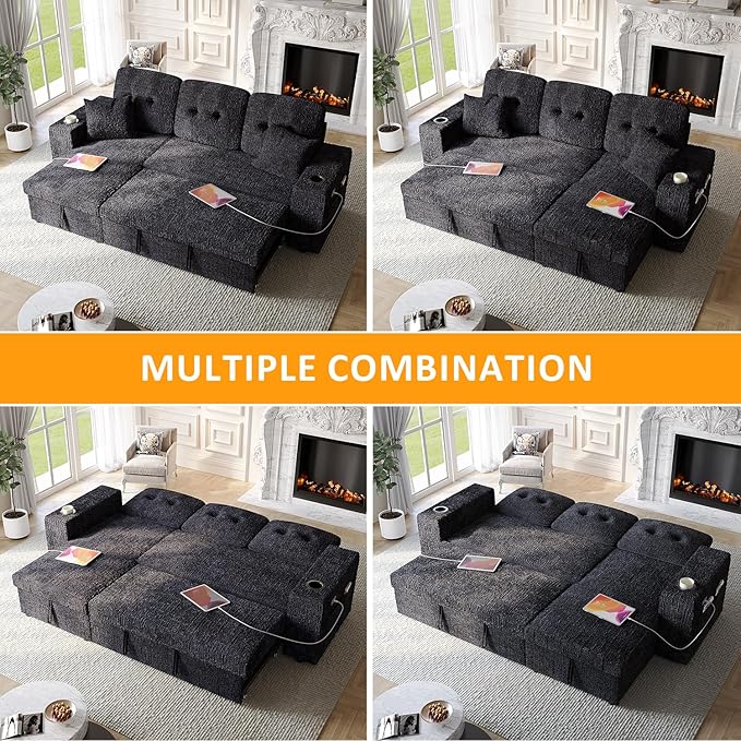 90 Inch Sleeper Sofa Bed 4 in 1 Pull Out Couch Bed with Adjustable Backrest | Reversible Storage Chaise | Wide Armrest | Tool Free Assembly Sectional Couches for Living Room Black Chenille
