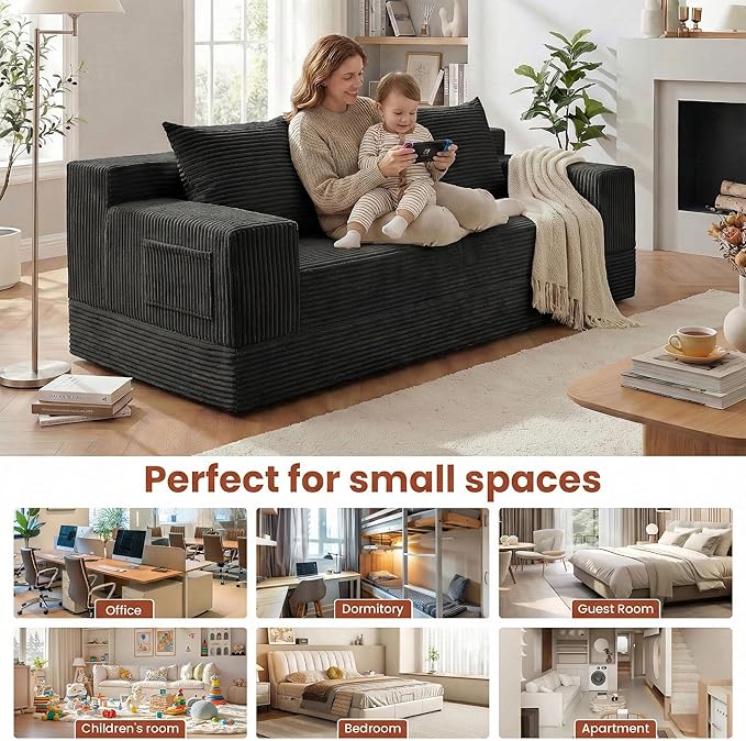 Boneless Couch 78 Inch 2 in 1 Convertible Sofa Bed Corduroy 3 Seater Fold Out Couch Oversize Boneless Loveseat Sleeper Sofa with 3 Pillows for Living Room Bedroom &amp Apartment