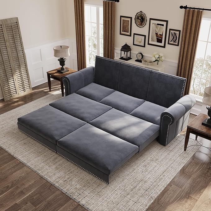 93.7 King Pull Out Sofa Bed Velvet Convertible Sleeper Couch with Nailhead Trim Oversized Mid Century Modern Chesterfield Sofa Sleeper Sectional Couch for Living Room Grey