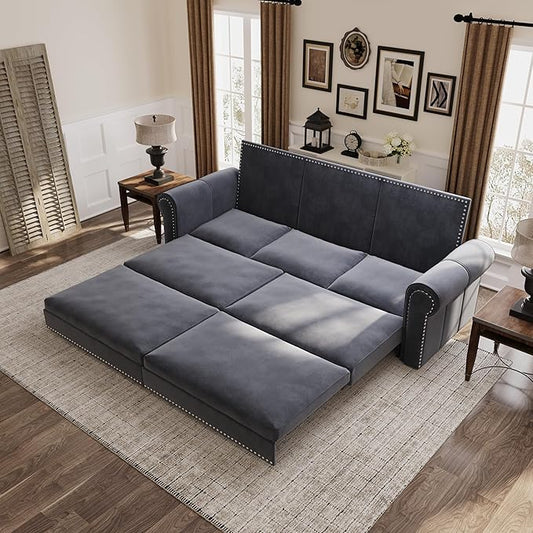 93.7 King Pull Out Sofa Bed Velvet Convertible Sleeper Couch with Nailhead Trim Oversized Mid Century Modern Chesterfield Sofa Sleeper Sectional Couch for Living Room Grey